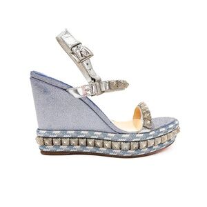 Christian Louboutin Silver Blue Glitter Studded Espadrille Wedge Sandals EU 38